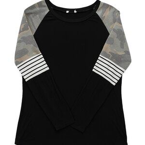 BiBi Women’s XL Camo Stripe Sleeve Raglan Top Black Contrast Long Sleeve-A223